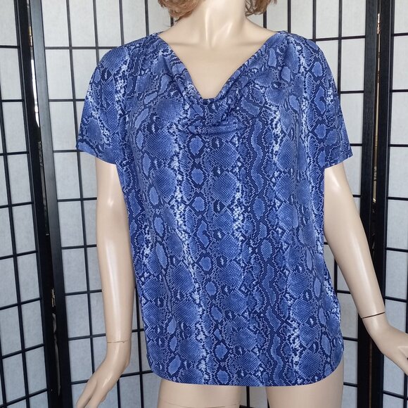 Glamorous Michael Michael Kors Blue Snakeskin Print Draped Neck Top Sz L - Picture 2 of 7